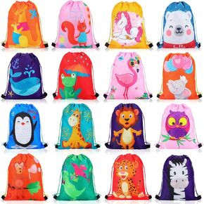 GliCraft 16 Pcs Animal Drawstring Gift Bags for Kids Cartoon Animal String Backpack Party Favor Bags for Birthday Party Decorations Classroom Supplies Back to School