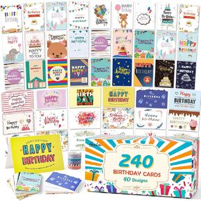 feela Birthday Cards Bulk, 320 Pack 40 Designs Happy Birthday Card Assortment Box with 320 Blank Envelopes, 336 Pieces of Stickers, 12 Washi Tapes, Greeting Cards for Employees Family, 4" X 6"