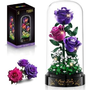 Flowers Building Set with LED Light - 319 PCS Roses Bouquet with Cover Botanical Collection Building Block Toy Artificial Flower for Home Decor Christmas Birthday Gift for Adults Girl (Purple)