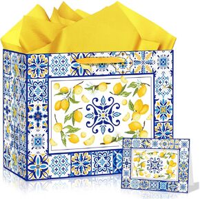Blue Tiles Lemon Gift Bags Lemon Birthday Baby Bridal Shower Wedding Decorations Party Supplies Decor Favors with Wrapping Tissue Paper and Greeting Card Yellow Handles for Kids Boys Girls Men Women