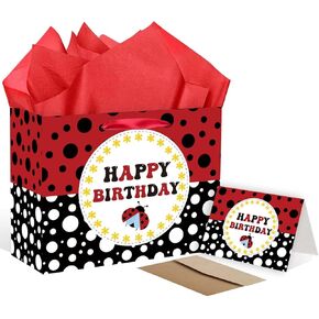 SolarGlory Large Ladybug Birthday Gift Bag Set - Red & Black Ladybug Gift Bags with Card & Tissue Paper, Happy Birthday Wrapping Paper, Bday Party Decorations for Kids & Adults