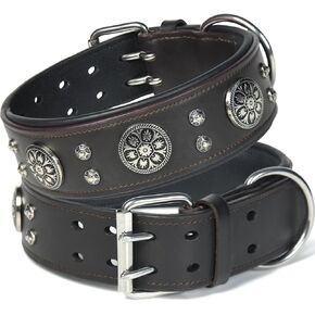 Handmade 2" Wide Heavy Duty Genuine Leather Dog Collar – Soft & Luxe Western Design with Double Prong Buckle – Best for Large & Medium Breed Dogs (Brown, L (18"-23"))