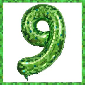 40 Inch Giant Green Pixel Miner Themed Number Foil Balloon, Mining Green Birthday Party Decorations 0-9 Optional Children's Anniversary Balloon Party Supplies (Number 6)