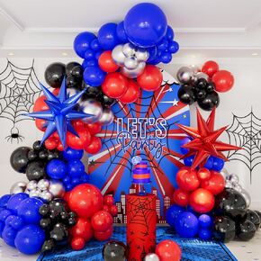 CboDeco Spider Balloon Garland Arch Kit, 146PCS Red and Blue Balloons with Exploding Star Foil Balloons, Spider Theme Birthday Decorations for Boys, Party Decorations