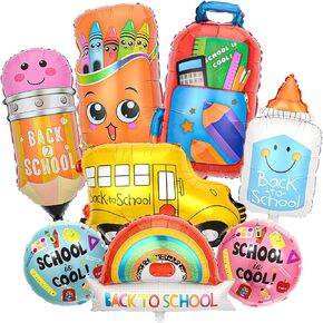 8 Pcs Back To School Foil Balloons Colorful School Bus Pencil Schoolbag Crayon Ruler Balloon First Day of School Mylar Balloons for Welcome Back To School Kindergarten Classroom Party Decorations