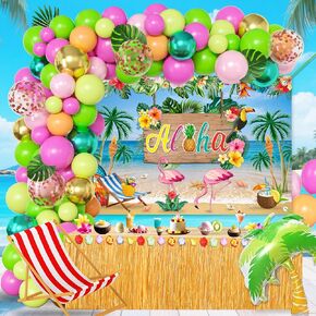 Hawaiian Luau Party Decoration Set, Aloha Backdrop, Balloon Arch kit,70 Tropical Balloons, Palm Tree Foil Balloon