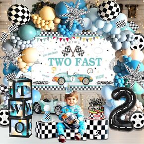 141pcs Two Fast Birthday Decor, Two Fast Birthday Decorations, Cake Topper, Backdrop, Balloons Garland for 2 Fast 2 Curious Birthday Decorations,Fast 2nd Bday Party Decor