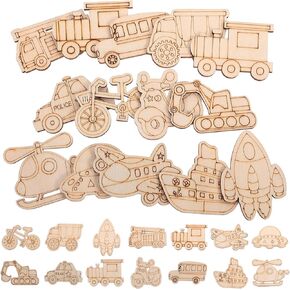50Pcs Unfinished Wooden Vehicle Cutouts for DIY Crafts - Blank Car Truck Helicopter and Excavator Shapes for Painting and Decoration