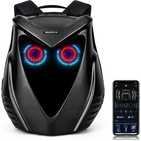 Gelrova Owl Eyes Hardshell Motorcycle LED Backpack - 22L Expandable, APP-Controlled LED Display, Fits 15.6" Laptop, Fits on Luggage, Stylish & Functional