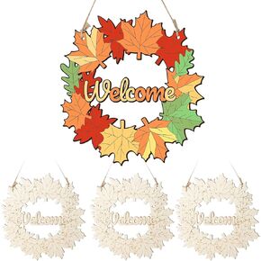 Unfinished Fall Wreaths Wood Crafts to Paint Set of 3, 11" Bulk Fall Leaves Wreath Ornaments for Painting, Unfinished Wood Cutouts DIY Ornaments for Front Door with Ropes (Maple)