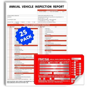 Annual Vehicle Inspection Report Form and Stickers,25Pack 3-Layer Vehicle Inspection Report Forms, FMCSA DOT Permanent Aluminum Adhesive Decals