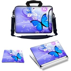 Meffort Inc Laptop Bundle - Includes Neoprene Laptop Bag with Side Pocket Adjust Shoulder Strap with Matching Skin Sticker Decal & Mouse Pad (17.3 Inch, Blue Purple Butterfly)