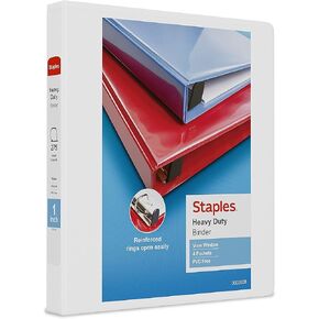 Staples Heavy Duty 1-inch 3-Ring View Binder with D-Rings and Four Interior Pockets, White, 3/Pack (ST56262-CCVS)