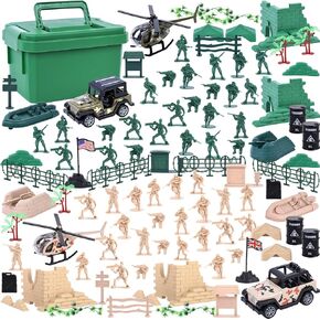 LovesTown 117PCS Army Men Playset, Military Soldier Set Army Action Figures Battle Group Military Base Toy with Green Box Vehicles Helicopter for Kids