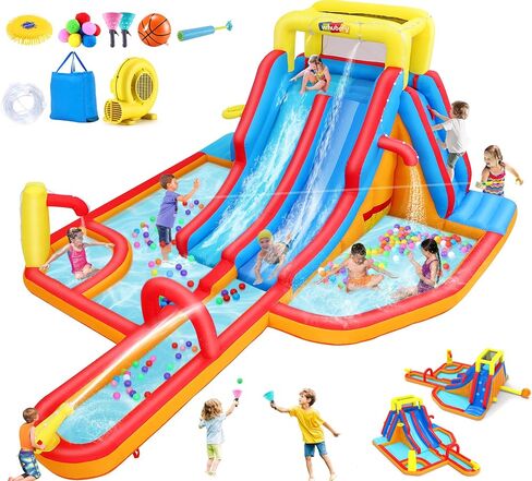 12.8x12FT Water Slide Bounce House for Kids, 12-in-1 Inflatable Water Park with Catch Ball Set/Toss Rings/Water Soaker Balls/Water Gun/Basketball/Splash Pool/Water Cannon/Climbing Wall/Basketball Hoop in Saudi Arabia