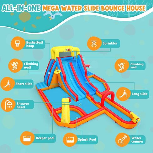 12.8x12FT Water Slide Bounce House for Kids, 12-in-1 Inflatable Water Park with Catch Ball Set/Toss Rings/Water Soaker Balls/Water Gun/Basketball/Splash Pool/Water Cannon/Climbing Wall/Basketball Hoop in Saudi Arabia