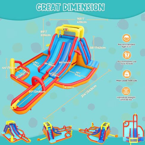 12.8x12FT Water Slide Bounce House for Kids, 12-in-1 Inflatable Water Park with Catch Ball Set/Toss Rings/Water Soaker Balls/Water Gun/Basketball/Splash Pool/Water Cannon/Climbing Wall/Basketball Hoop in Saudi Arabia