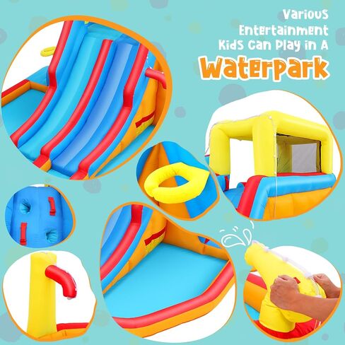 12.8x12FT Water Slide Bounce House for Kids, 12-in-1 Inflatable Water Park with Catch Ball Set/Toss Rings/Water Soaker Balls/Water Gun/Basketball/Splash Pool/Water Cannon/Climbing Wall/Basketball Hoop in Saudi Arabia