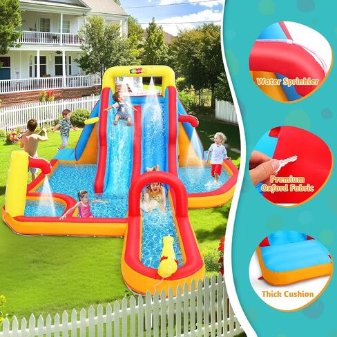 12.8x12FT Water Slide Bounce House for Kids, 12-in-1 Inflatable Water Park with Catch Ball Set/Toss Rings/Water Soaker Balls/Water Gun/Basketball/Splash Pool/Water Cannon/Climbing Wall/Basketball Hoop in Saudi Arabia