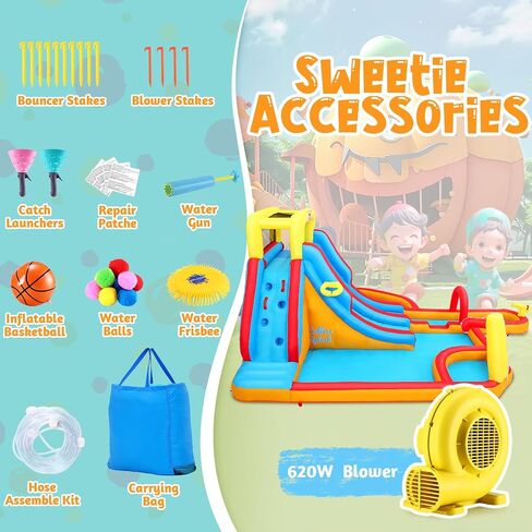 12.8x12FT Water Slide Bounce House for Kids, 12-in-1 Inflatable Water Park with Catch Ball Set/Toss Rings/Water Soaker Balls/Water Gun/Basketball/Splash Pool/Water Cannon/Climbing Wall/Basketball Hoop in Saudi Arabia
