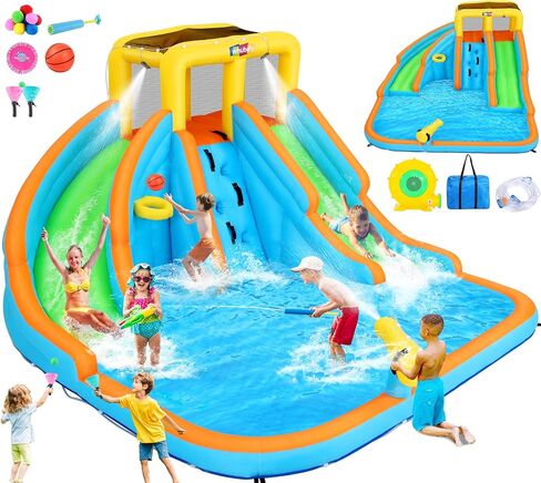 12.8x12FT Water Slide Bounce House for Kids, 12-in-1 Inflatable Water Park with Catch Ball Set/Toss Rings/Water Soaker Balls/Water Gun/Basketball/Splash Pool/Water Cannon/Climbing Wall/Basketball Hoop in Saudi Arabia