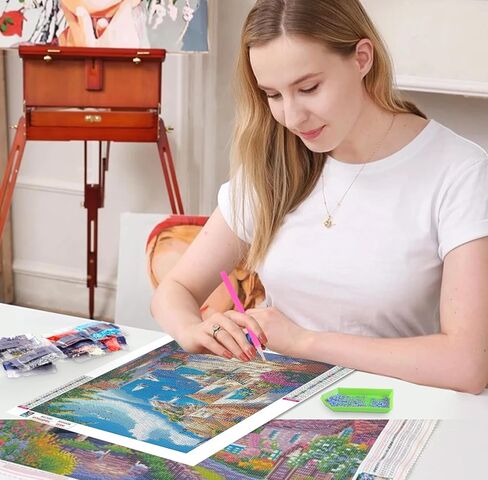 QENSPE Seaside Town Diamond Painting,Diamond Art Kits for Adults,DIY 5D Round Full Drill Diamond Art for Beginners,Diamond Dots for Adults,Home Wall Decor 12x16 inch in Saudi Arabia
