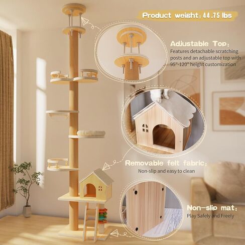ارتفاع شجرة القطط من الأرض إلى السقف (95-120 بوصة)-5 طبقة برج القطط طويل القطط للقطط الكبيرة ، وظيفة خدش سيسال قوية مع تصميم لعبة وتوفير الفضاء للأسر متعددة القطط in Kuwait