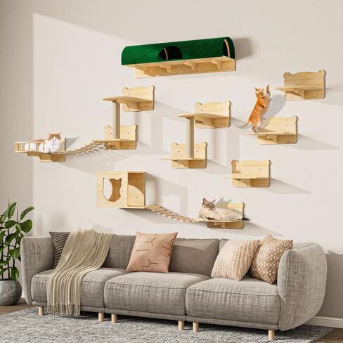 16 Pcs Pine Wooden Cat Wall Shelves, Wall Climber with House, Shelf, Bridge Ladder and Tunnel, Indoor Mounted Climbing Shelf in Saudi Arabia