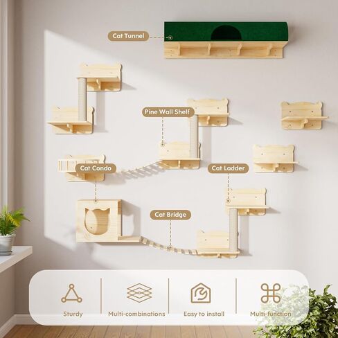 16 Pcs Pine Wooden Cat Wall Shelves, Wall Climber with House, Shelf, Bridge Ladder and Tunnel, Indoor Mounted Climbing Shelf in Saudi Arabia