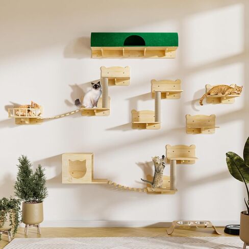 16 Pcs Pine Wooden Cat Wall Shelves, Wall Climber with House, Shelf, Bridge Ladder and Tunnel, Indoor Mounted Climbing Shelf in Saudi Arabia