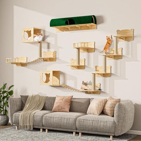 16 Pcs Pine Wooden Cat Wall Shelves, Wall Climber with House, Shelf, Bridge Ladder and Tunnel, Indoor Mounted Climbing Shelf in Saudi Arabia