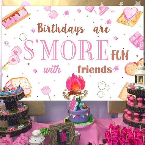 Jollyboom S’mores Party Decorations for Girls, Pink Camping Birthday Backdrop Birthdays Are S’more Fun with Friends Backdrop Banner Photography Background for Girl Camping Campfire Birthday Party in Saudi Arabia