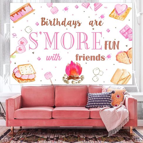 Jollyboom S’mores Party Decorations for Girls, Pink Camping Birthday Backdrop Birthdays Are S’more Fun with Friends Backdrop Banner Photography Background for Girl Camping Campfire Birthday Party in Saudi Arabia