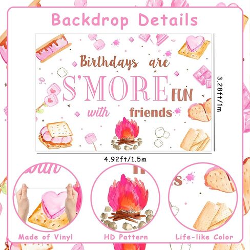 Jollyboom S’mores Party Decorations for Girls, Pink Camping Birthday Backdrop Birthdays Are S’more Fun with Friends Backdrop Banner Photography Background for Girl Camping Campfire Birthday Party in Saudi Arabia