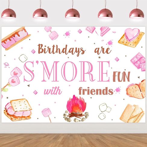 Jollyboom S’mores Party Decorations for Girls, Pink Camping Birthday Backdrop Birthdays Are S’more Fun with Friends Backdrop Banner Photography Background for Girl Camping Campfire Birthday Party in Saudi Arabia