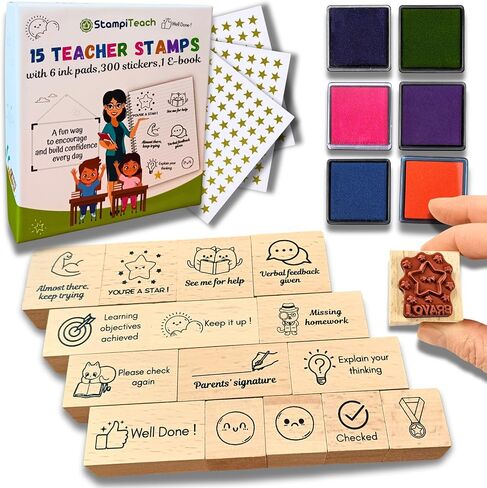Teacher Stamp Set – 15 Durable & Motivational Wooden Teacher Stamps for Classroom Grading, 6 Ink Pads, Reward Stickers–Cute Elementary Teacher Must Haves, Teacher stationery, Back to School Essentials in Saudi Arabia