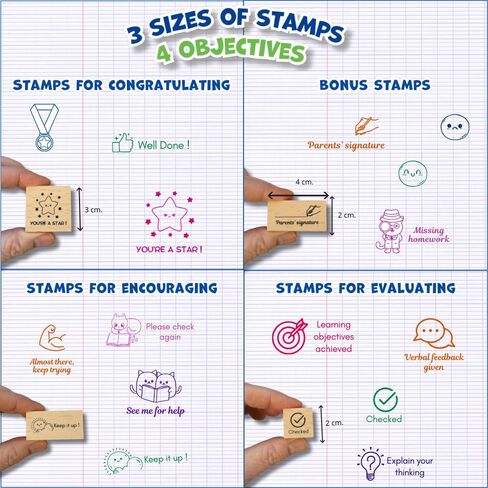Teacher Stamp Set – 15 Durable & Motivational Wooden Teacher Stamps for Classroom Grading, 6 Ink Pads, Reward Stickers–Cute Elementary Teacher Must Haves, Teacher stationery, Back to School Essentials in Saudi Arabia