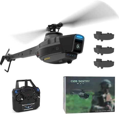 C128 RC Helicopter, 2.4G 4CH Military Remote Control Helicopter with Camera and One-button Takeoff and Landing for Beginners, Adults and Teenagers (Two battery version) in Kuwait
