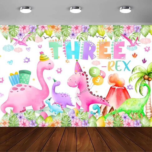 Three Rex Birthday Decorations Girl Watercolor Dinosaur 3rd Birthday Party Banner Backdrop Pink 3 Rex Dino Party Decor Supplies for Girls (Pink Three rex) in Kuwait