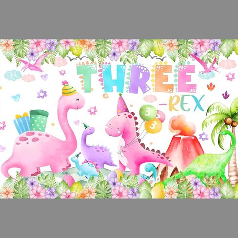 Three Rex Birthday Decorations Girl Watercolor Dinosaur 3rd Birthday Party Banner Backdrop Pink 3 Rex Dino Party Decor Supplies for Girls (Pink Three rex) in Kuwait