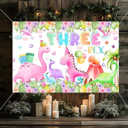 Three Rex Birthday Decorations Girl Watercolor Dinosaur 3rd Birthday Party Banner Backdrop Pink 3 Rex Dino Party Decor Supplies for Girls (Pink Three rex) in Kuwait