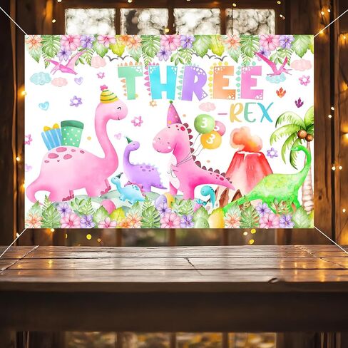 Three Rex Birthday Decorations Girl Watercolor Dinosaur 3rd Birthday Party Banner Backdrop Pink 3 Rex Dino Party Decor Supplies for Girls (Pink Three rex) in Kuwait