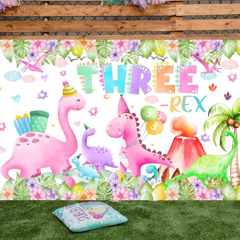 Three Rex Birthday Decorations Girl Watercolor Dinosaur 3rd Birthday Party Banner Backdrop Pink 3 Rex Dino Party Decor Supplies for Girls (Pink Three rex) in Kuwait