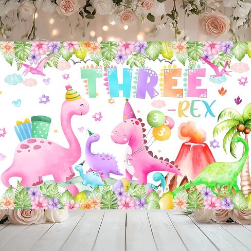 Three Rex Birthday Decorations Girl Watercolor Dinosaur 3rd Birthday Party Banner Backdrop Pink 3 Rex Dino Party Decor Supplies for Girls (Pink Three rex) in Kuwait