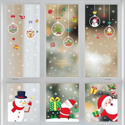 123 Pcs Christmas Window Clings, 6 Sheets Xmas Adorable Double-Sided Removable Static Decals, Decorative Stickers for Christmas Party, Santa Claus Snowman Reindeer Gingerbread Man in Saudi Arabia