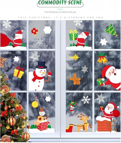 123 Pcs Christmas Window Clings, 6 Sheets Xmas Adorable Double-Sided Removable Static Decals, Decorative Stickers for Christmas Party, Santa Claus Snowman Reindeer Gingerbread Man in Saudi Arabia