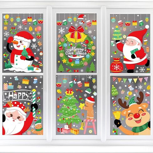 123 Pcs Christmas Window Clings, 6 Sheets Xmas Adorable Double-Sided Removable Static Decals, Decorative Stickers for Christmas Party, Santa Claus Snowman Reindeer Gingerbread Man in Saudi Arabia