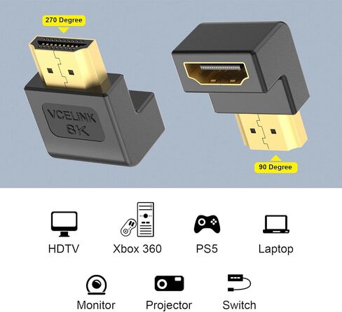محول VCELINK 8K HDMI مسطح 90 درجة و270 درجة، محول زاوية HDMI اليمنى ذكر إلى أنثى HDMI 2.1 محول كابل مع 8K@60 هرتز، 4K@120 هرتز، HDR، eARC لأجهزة الكمبيوتر المحمول HDTV Switch PS4 PS5 Xbox، 2 حزمة in Kuwait
