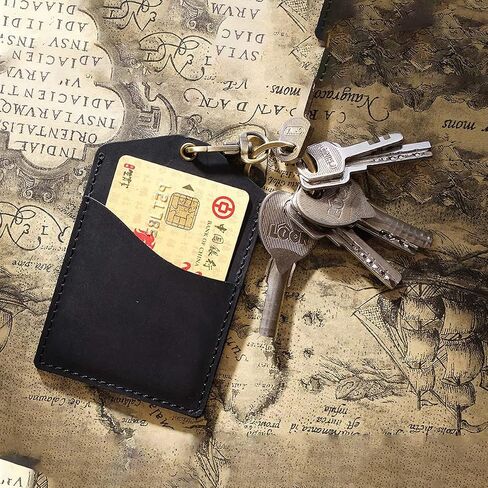 Badge Holder Vertical Handmade Leather ID Card Badge Holder Keychain with Heavy Duty Lanyard for Men Women-Brown in Saudi Arabia