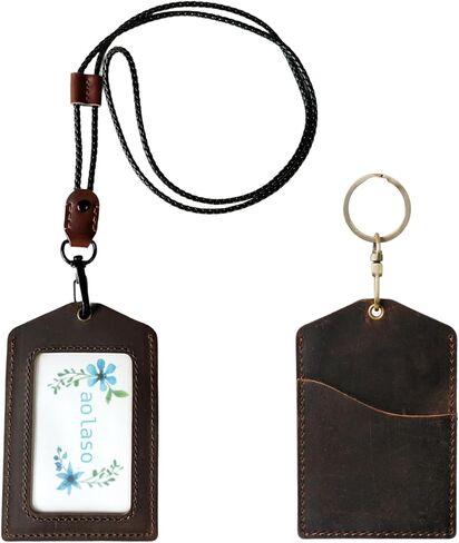 Badge Holder Vertical Handmade Leather ID Card Badge Holder Keychain with Heavy Duty Lanyard for Men Women-Brown in Saudi Arabia